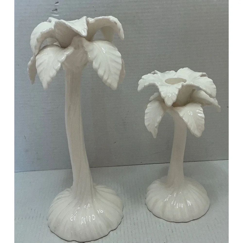 Fitz and Floyd Vintage Palm Tree Candle Holders White Ceramic Tropical Set of 2